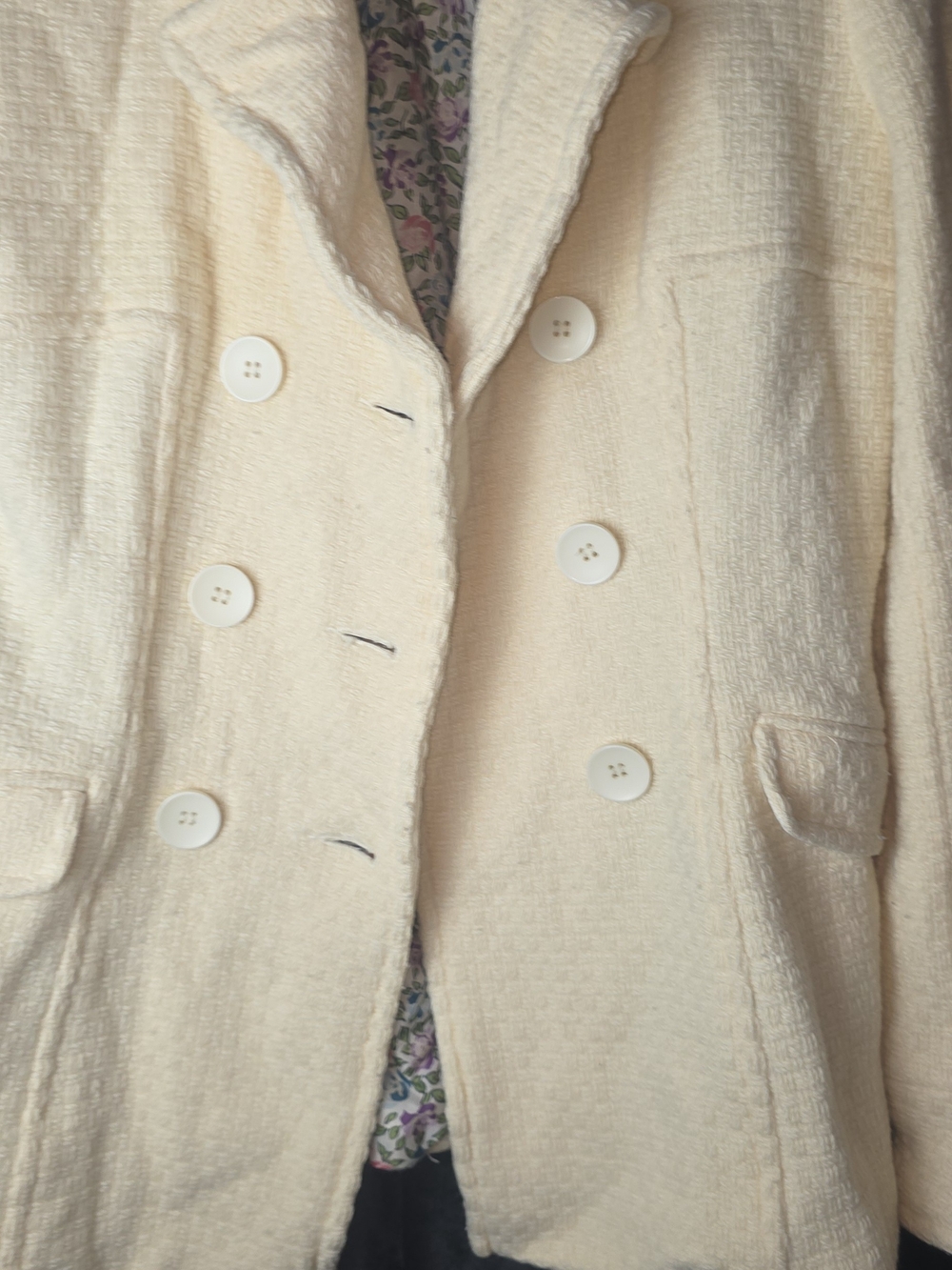Moda International Cream Double-Breasted Textured Pea Coat